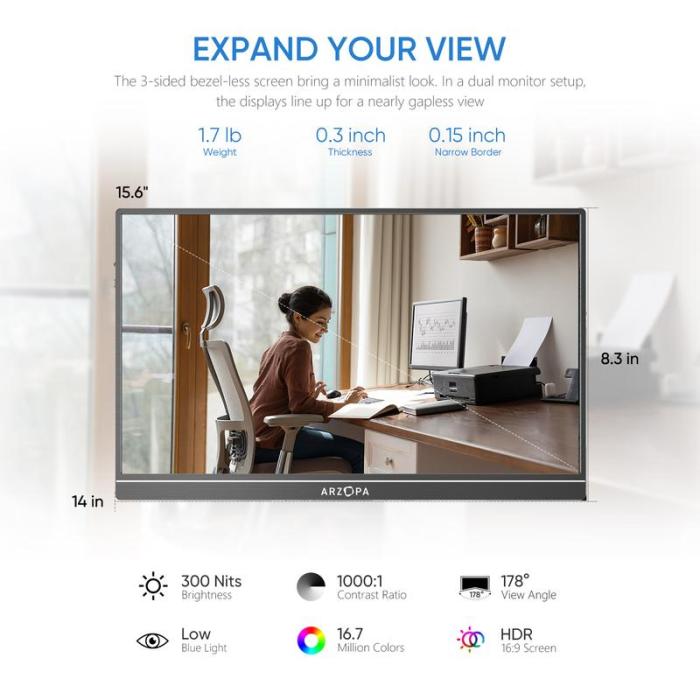 ARZOPA 15.6'' FHD Portable Monitor | USB-C, HDMI, HDR, Eye Care | For PC, Mac, Xbox, PS5, Switch, iPhone