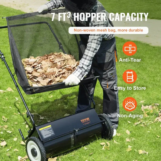 VEVOR 26" Push Lawn Sweeper - Heavy Duty, Large Capacity with 4 Spinning Brushes